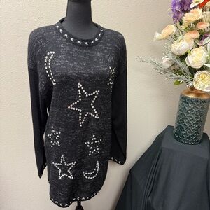 Black Sparkly Star & Moon Rhinestone Sweater Dress Tunic SK Wear L